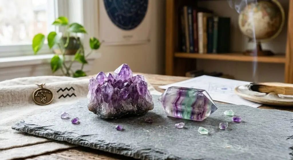 Verseau : 2 pierres pour équilibrer votre énergie uranienne au quotidien Une grande géode d'améthyste violette et un cristal de fluorite poli aux bandes violettes et vertes sont disposés au premier plan sur une plaque d'ardoise brute. En arrière-plan, dans un décor de bureau chaleureux et spirituel, on aperçoit un tissu marqué du symbole astrologique du Verseau, un bâton de palo santo fumant légèrement sur une coupelle, ainsi que des livres et une plante verte près d'une fenêtre.