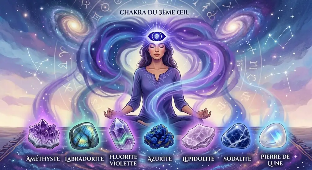 Illustration d'une personne en méditation avec le chakra du 3ème œil illuminé, entourée des sept cristaux recommandés pour l'intuition : améthyste, labradorite, fluorite violette, azurite, lépidolite, sodalite et pierre de lune, sur un fond mystique et céleste.