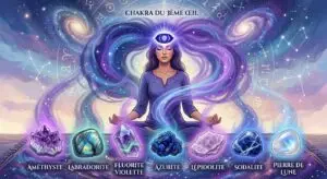 Illustration d'une personne en méditation avec le chakra du 3ème œil illuminé, entourée des sept cristaux recommandés pour l'intuition : améthyste, labradorite, fluorite violette, azurite, lépidolite, sodalite et pierre de lune, sur un fond mystique et céleste.