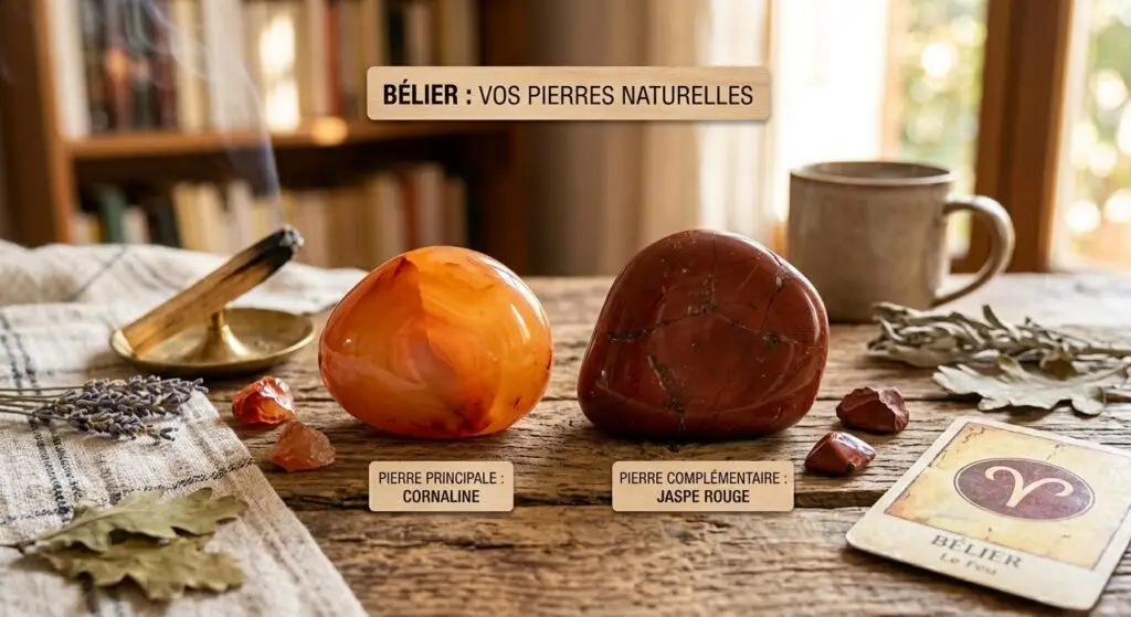 Composition harmonieuse sur une table en bois mettant en valeur une pierre de cornaline orange vif et une pierre de jaspe rouge sombre, symbolisant les pierres porte-bonheur du signe astrologique du Bélier, accompagnées d'une carte du zodiaque et d'encens fumant.