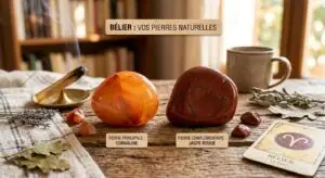 Bélier : 2 pierres pour canaliser votre feu martien au quotidien Composition harmonieuse sur une table en bois mettant en valeur une pierre de cornaline orange vif et une pierre de jaspe rouge sombre, symbolisant les pierres porte-bonheur du signe astrologique du Bélier, accompagnées d'une carte du zodiaque et d'encens fumant.