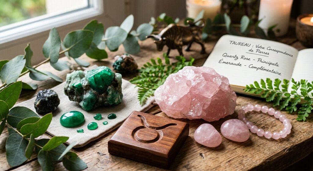 Taureau : 2 pierres pour épanouir votre sensualité vénusienne Table en bois décorée avec un quartz rose brut, des pierres d'émeraude, une statuette de taureau, un bracelet en quartz rose et un carnet ouvert mentionnant le quartz rose comme pierre principale et l'émeraude comme pierre complémentaire pour le signe astrologique du Taureau.