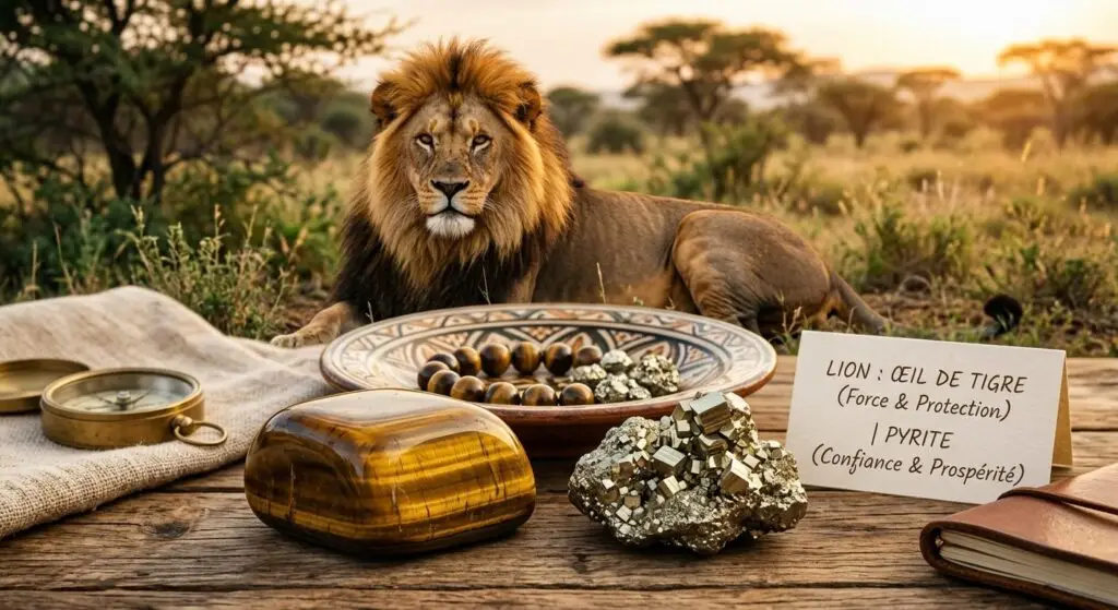 Lion : 2 pierres pour rayonner avec confiance et humilité solaire Un lion majestueux dans la savane, avec en premier plan une table en bois présentant une pierre brute d'Œil de tigre, un amas de Pyrite scintillante, un bracelet en perles d'Œil de tigre dans une coupelle artisanale, ainsi qu'une petite carte mentionnant les vertus de ces pierres pour le signe du Lion.