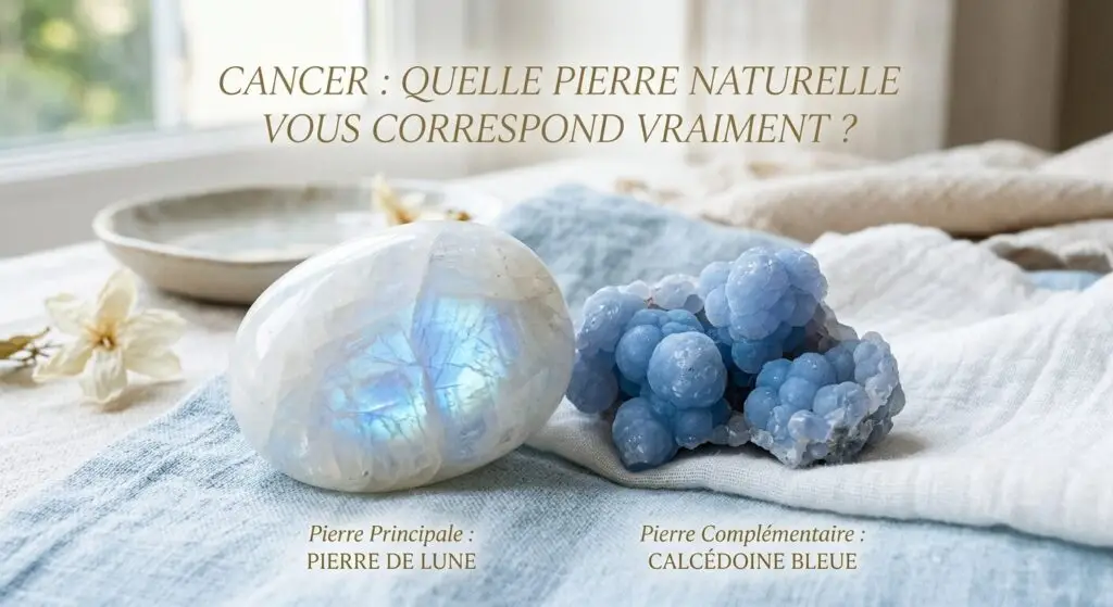 Pierres naturelles recommandées pour le signe astrologique Cancer : une pierre de lune aux reflets bleutés à gauche et un amas de calcédoine bleue à droite, posées sur un tissu clair et doux.