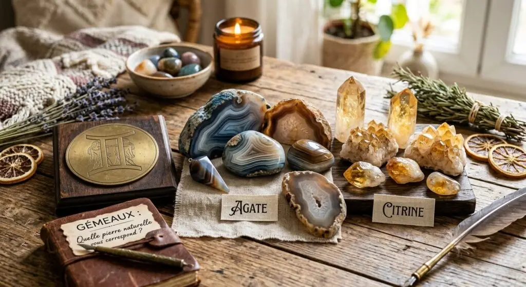 Composition ésotérique sur une table en bois mettant en valeur des pierres d'Agate aux motifs variés et des cristaux de Citrine lumineux, accompagnée d'un médaillon du signe du Gémeaux et d'un carnet, illustrant les pierres naturelles correspondant au signe astrologique des Gémeaux.