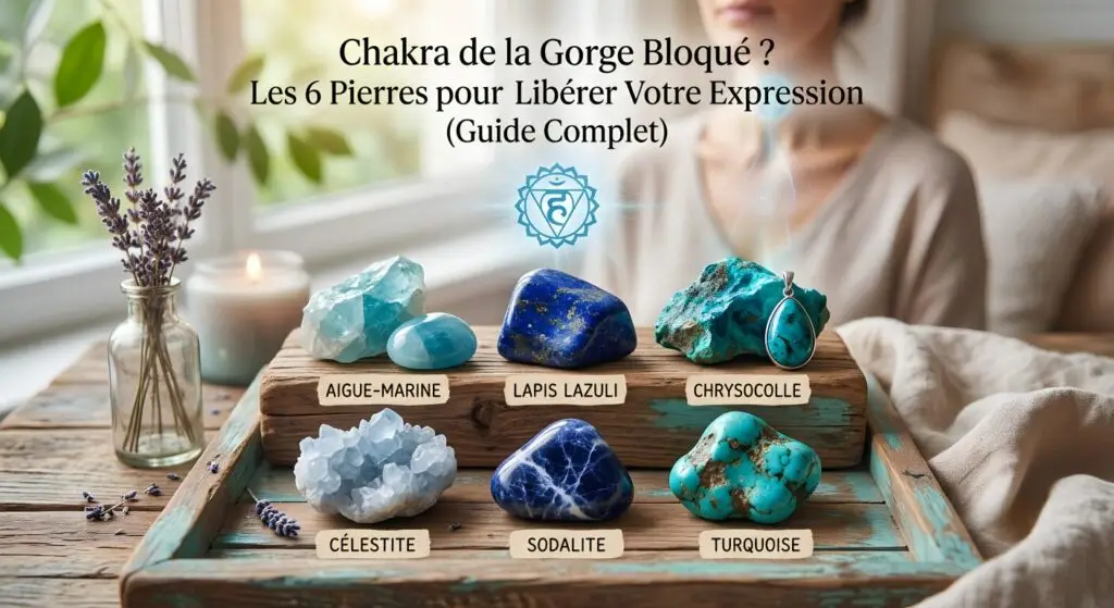 Composition de six pierres bleues (aigue-marine, lapis-lazuli, chrysocolle, célestite, sodalite et turquoise) disposées sur un plateau en bois pour équilibrer le chakra de la gorge, avec le symbole du chakra en arrière-plan.