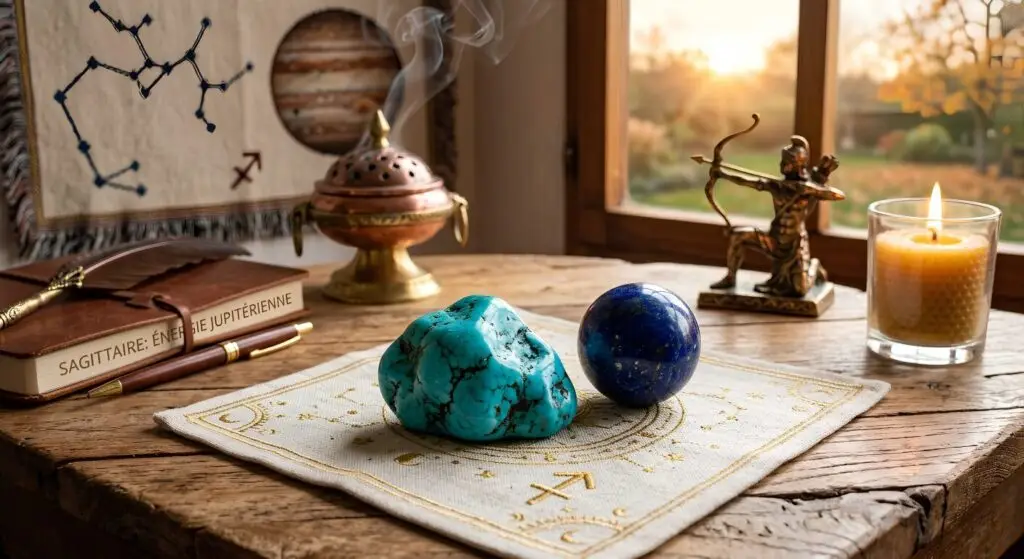 Composition ésotérique sur une table en bois représentant le signe du Sagittaire : une pierre brute de turquoise et une sphère de lapis-lazuli posées sur un tissu brodé de symboles astrologiques. En arrière-plan, une statuette d'archer, une bougie allumée, un carnet intitulé "Sagittaire : énergie jupitérienne" et une tapisserie murale montrant la constellation du Sagittaire et la planète Jupiter.