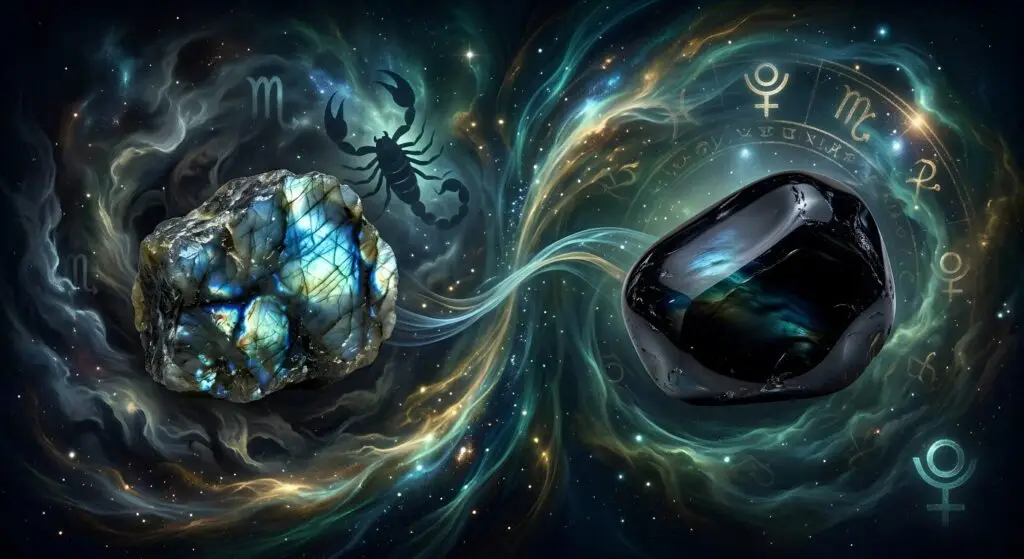 Scorpion : 2 pierres pour traverser vos transformations plutôniennes Illustration mystique représentant une labradorite aux reflets bleutés et une obsidienne noire polie, symbolisant la transformation pour le signe du Scorpion, sur un fond de nébuleuse cosmique intégrant des symboles astrologiques et planétaires liés à Pluton.