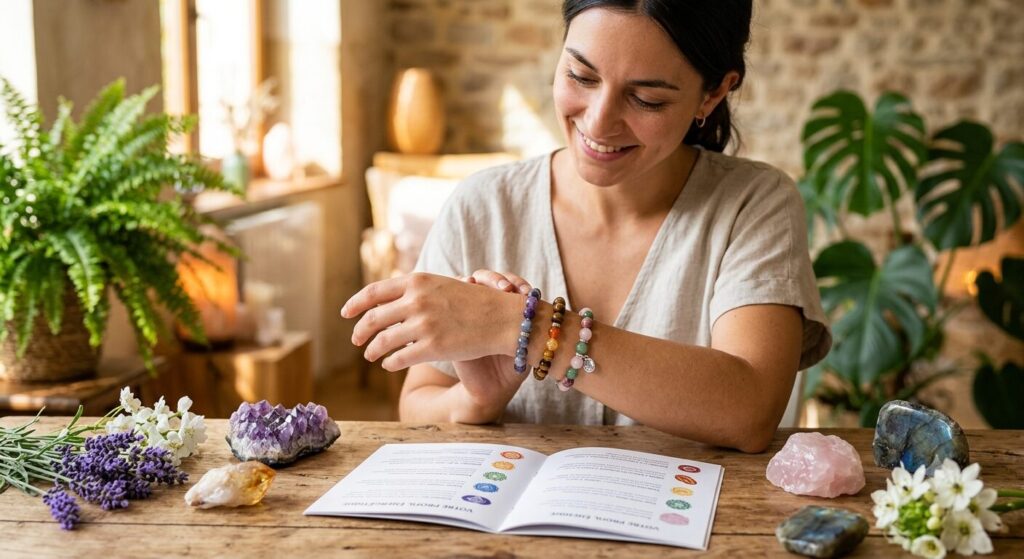 Une femme souriante assise à une table en bois, examinant avec attention trois bracelets en pierres naturelles à son poignet. Devant elle, un guide illustré sur les chakras est ouvert, entouré de cristaux bruts (améthyste, quartz rose, labradorite), de fleurs de lavande et de plantes vertes, créant une atmosphère sereine et spirituelle.
