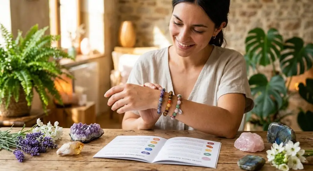Une femme souriante assise à une table en bois, examinant avec attention trois bracelets en pierres naturelles à son poignet. Devant elle, un guide illustré sur les chakras est ouvert, entouré de cristaux bruts (améthyste, quartz rose, labradorite), de fleurs de lavande et de plantes vertes, créant une atmosphère sereine et spirituelle.