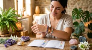 Bracelet Lithothérapie : Comment Choisir Selon Votre Profil Énergétique Une femme souriante assise à une table en bois, examinant avec attention trois bracelets en pierres naturelles à son poignet. Devant elle, un guide illustré sur les chakras est ouvert, entouré de cristaux bruts (améthyste, quartz rose, labradorite), de fleurs de lavande et de plantes vertes, créant une atmosphère sereine et spirituelle.