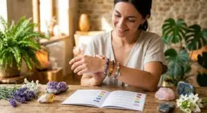 Une femme souriante assise à une table en bois, examinant avec attention trois bracelets en pierres naturelles à son poignet. Devant elle, un guide illustré sur les chakras est ouvert, entouré de cristaux bruts (améthyste, quartz rose, labradorite), de fleurs de lavande et de plantes vertes, créant une atmosphère sereine et spirituelle.