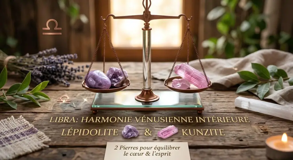Balance : 2 pierres pour retrouver votre harmonie vénusienne intérieure Une balance en métal cuivré posée sur une table en bois, équilibrant des pierres de lépidolite violette et de kunzite rose, symbolisant l'harmonie vénusienne pour le signe de la Balance.