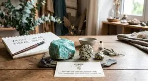 Vierge : 2 pierres pour apaiser votre mental perfectionniste Pierres naturelles recommandées pour le signe astrologique Vierge : un bloc d'amazonite bleu-vert et des galets de jaspe dalmatien posés sur une table en bois, accompagnés d'un carnet de notes et d'une carte descriptive.