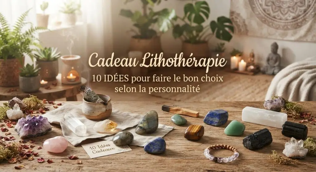 Une table en bois rustique décorée de diverses pierres semi-précieuses, de cristaux, de fleurs séchées et d'une bougie fumante, créant une ambiance zen et apaisante pour illustrer un article sur les idées de cadeaux en lithothérapie.
