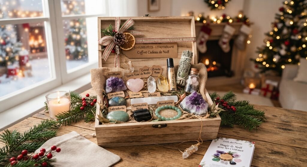 Coffret cadeau en bois ouvert sur une table en bois décorée pour Noël, rempli de pierres et cristaux de lithothérapie (améthyste, quartz rose, labradorite) avec des étiquettes descriptives, un bracelet en pierres, une bougie et un sapin illuminé en arrière-plan.
