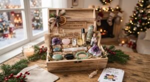 Coffret cadeau en bois ouvert sur une table en bois décorée pour Noël, rempli de pierres et cristaux de lithothérapie (améthyste, quartz rose, labradorite) avec des étiquettes descriptives, un bracelet en pierres, une bougie et un sapin illuminé en arrière-plan.